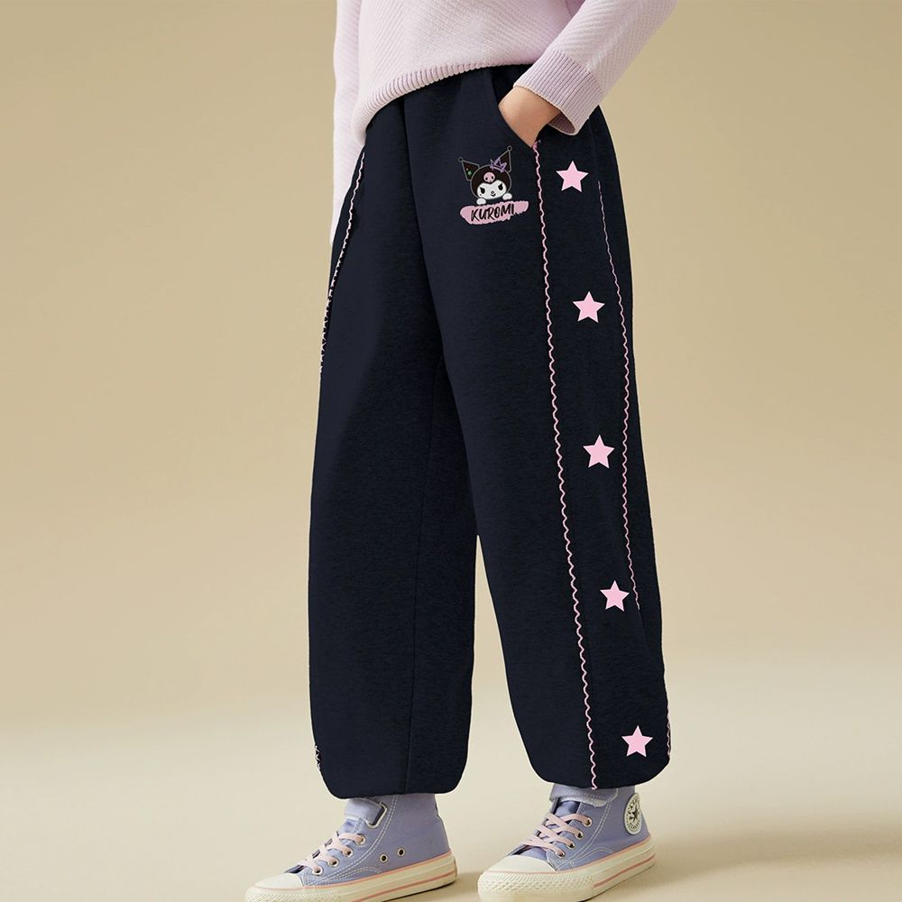 側邊花邊織帶星星休閒長褲-卡通人物酷洛米-藏青