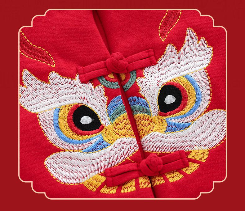 漢服風喜氣拜年立領盤釦外套-醒獅-紅色