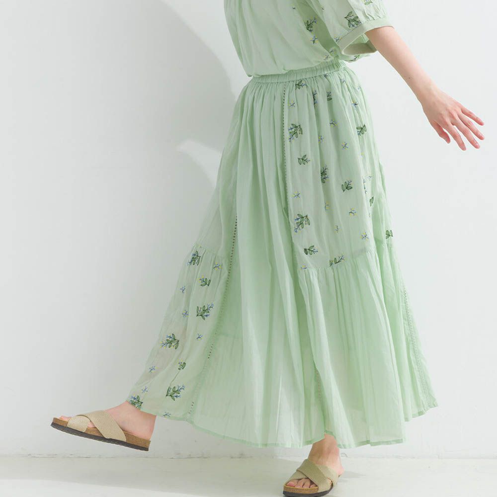 100%印度棉 優美植物刺繡長裙-薄荷