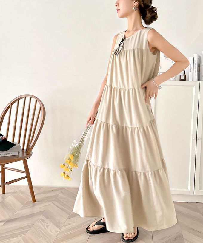 日本 Classical Elf - 2way前後領飄逸分層無袖洋裝-米白