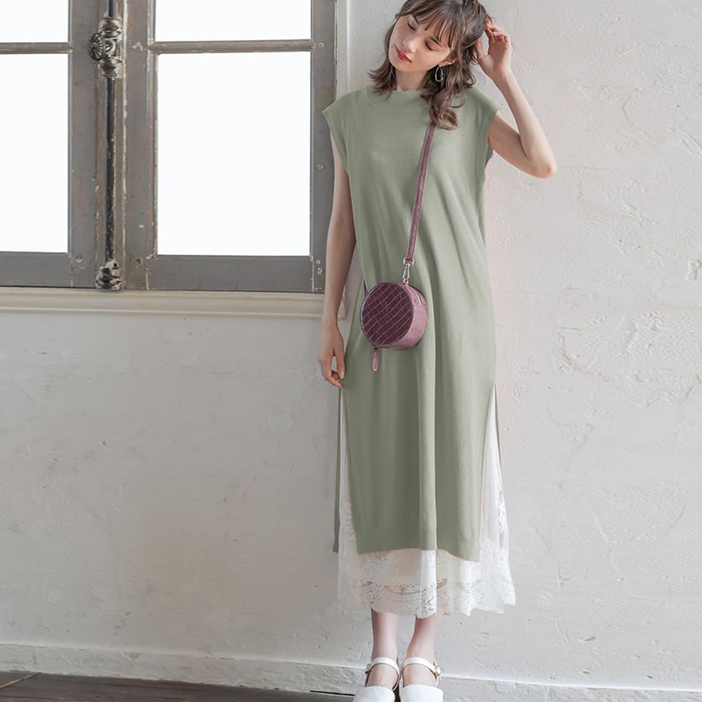 日本 GRL - 下擺蕾絲拼接無袖針織長洋裝-青春綠