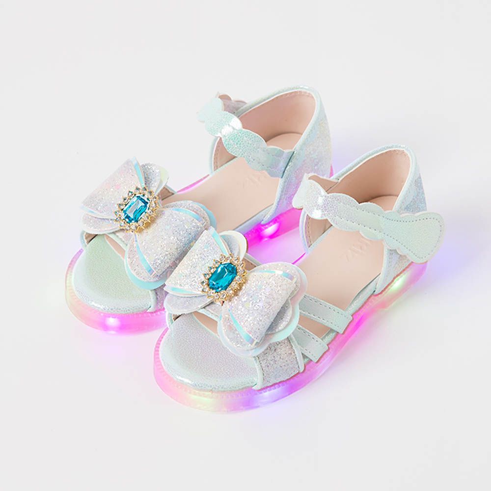 (LED)寶石蝴蝶結亮粉公主涼鞋-天藍