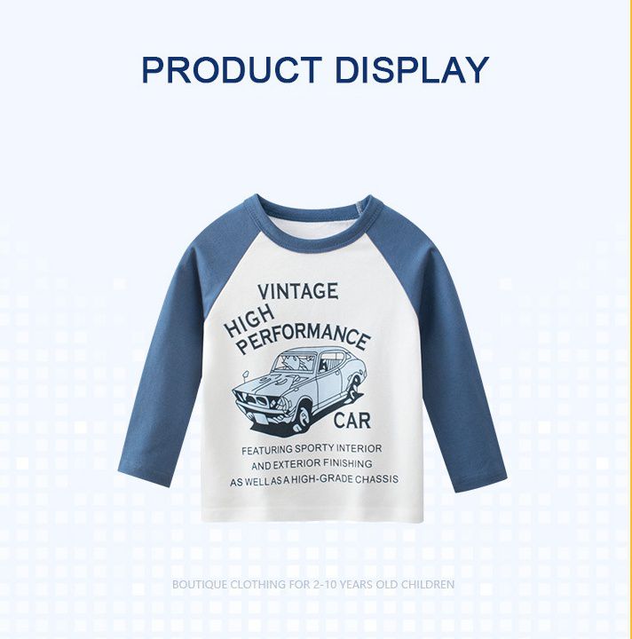 純棉圓領薄長袖上衣-美式車車-軍綠+白