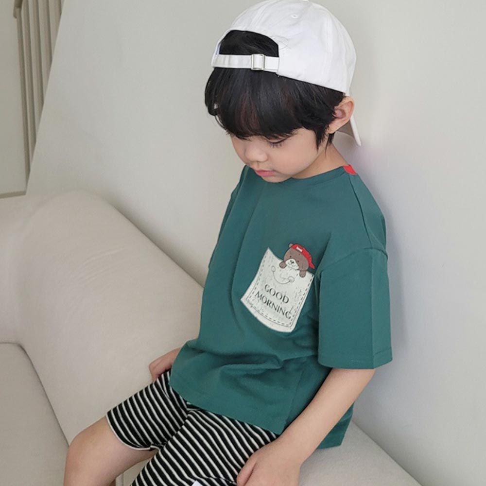 韓國 Peanuts House - 胸前熊熊印短袖上衣-綠