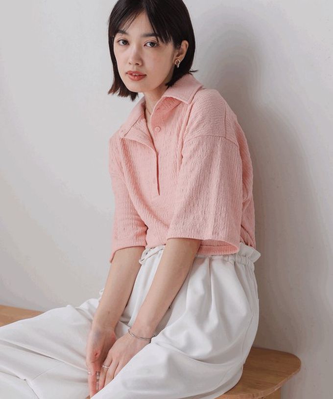 日本 Bab - 精緻紋理都會感五分袖上衣-粉紅