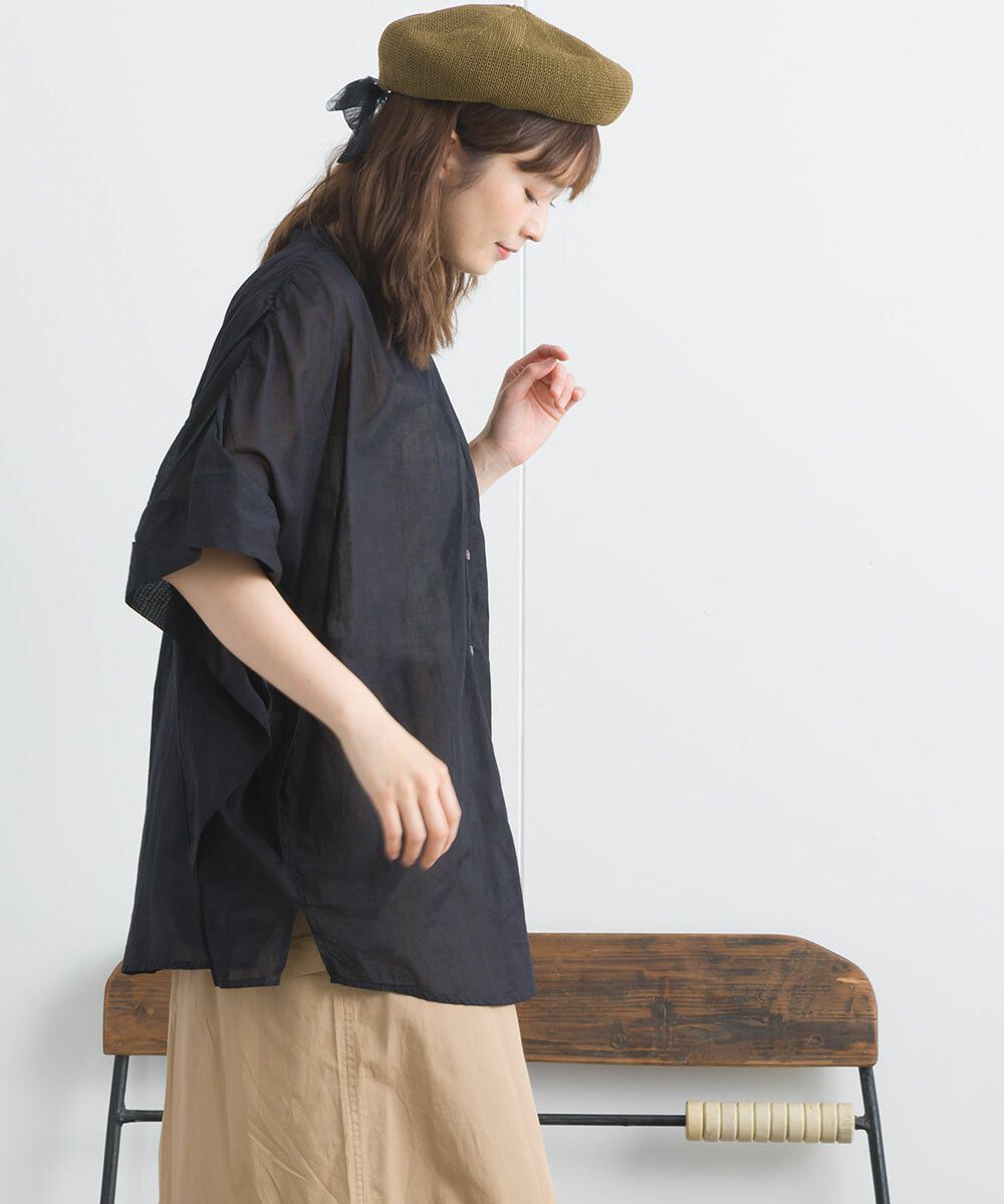 日本女裝代購 - 100%印度棉 質感百搭落肩短袖襯衫-經典黑