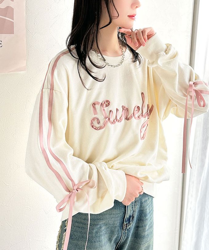 日本 Classical Elf - mily bilet 甜美袖蝴蝶結立體logo上衣-灰緞帶-燕麥灰