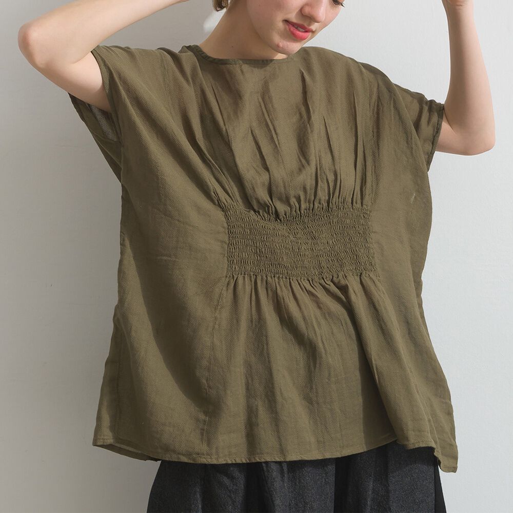 印度棉 人字紋清爽飄逸瘦腰短袖上衣-軍綠