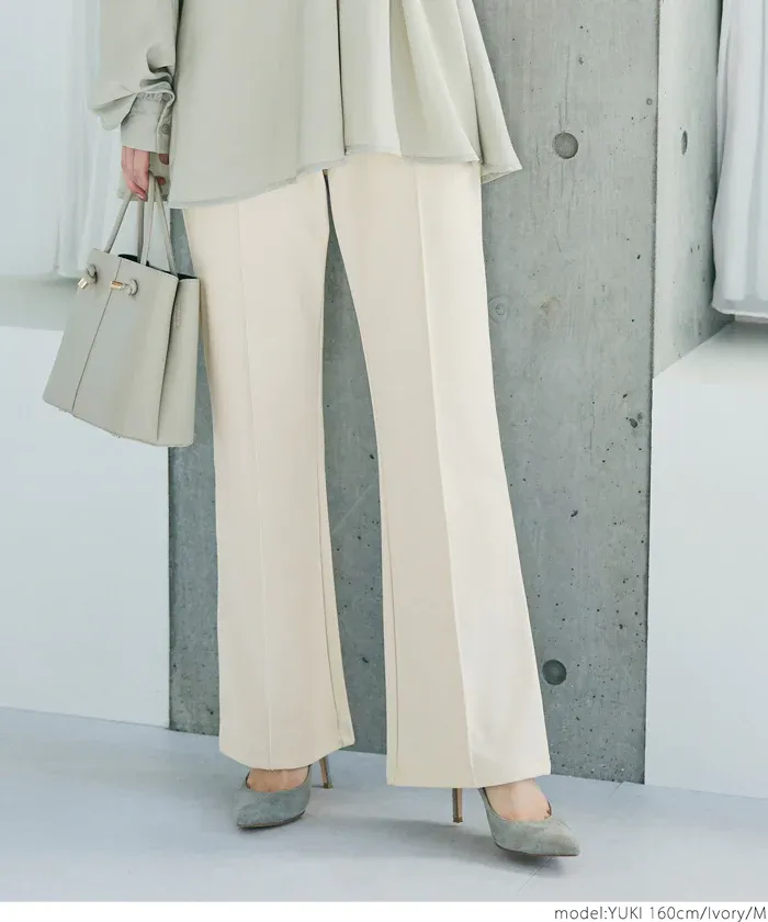 日本 COCA - 裏起毛摺線美腿微喇叭褲-黑