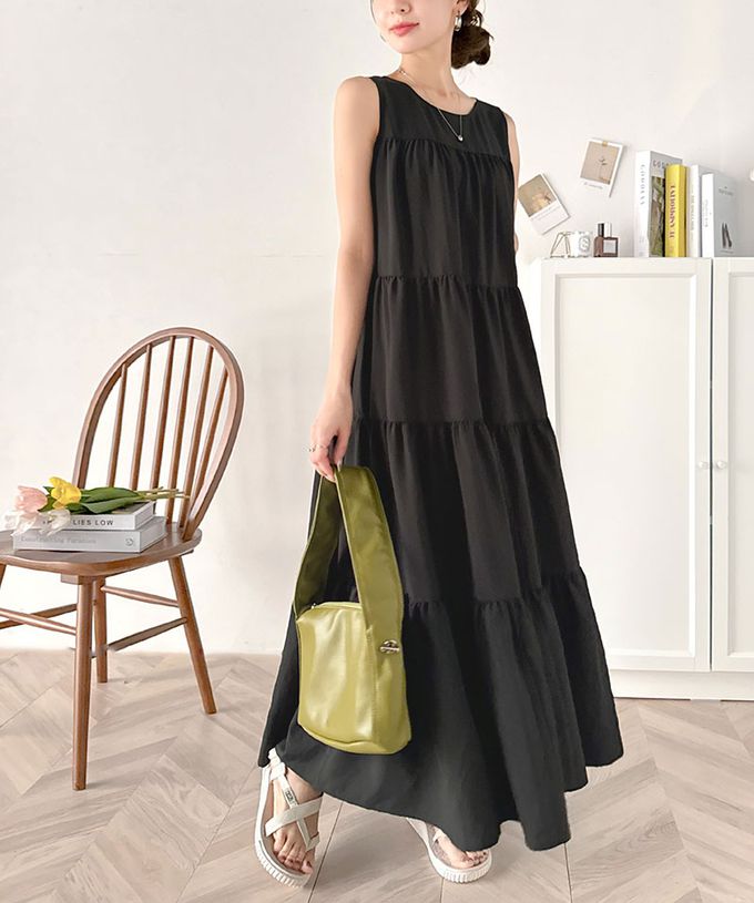 日本 Classical Elf - 2way前後領飄逸分層無袖洋裝-炭灰