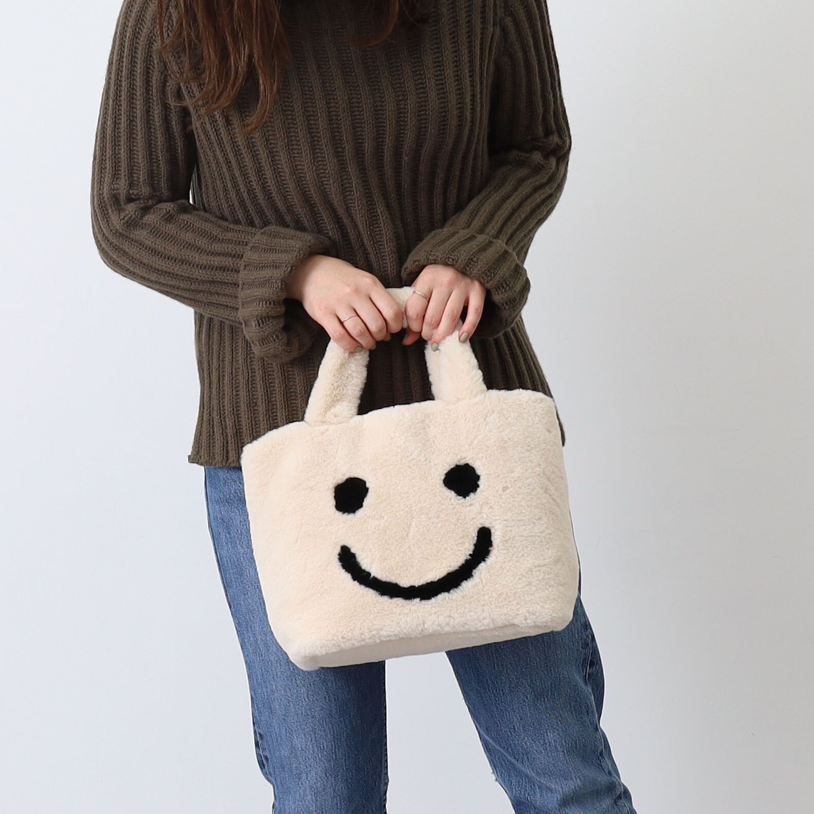 日本 COOCO - SMILEY聯名款 毛絨手提包/托特包(附小包)-芥黃 (W25*H23*D15cm)