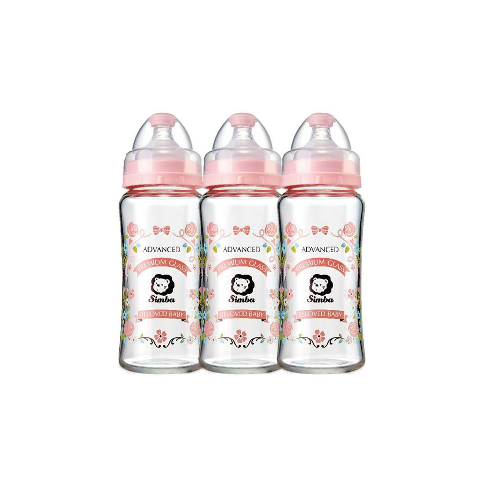 Simba 小獅王辛巴 - 蘿蔓晶鑽寬口玻璃大奶瓶3支組(270ml)-玫瑰 (搭配圓孔S奶嘴)-新生專用
