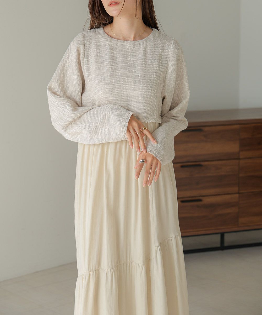 日本 Bab - 仙氣花呢異材質拼接長袖洋裝-黑