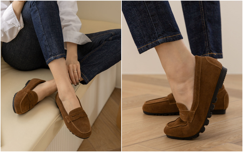 韓國 PINKELEPHANT - 真皮挖洞裝飾樂福鞋(3cm)-米杏