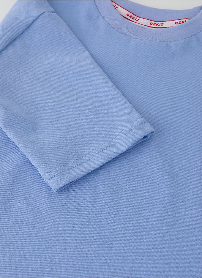 韓國 OZKIZ - 素面純棉透氣七分袖上衣-藍