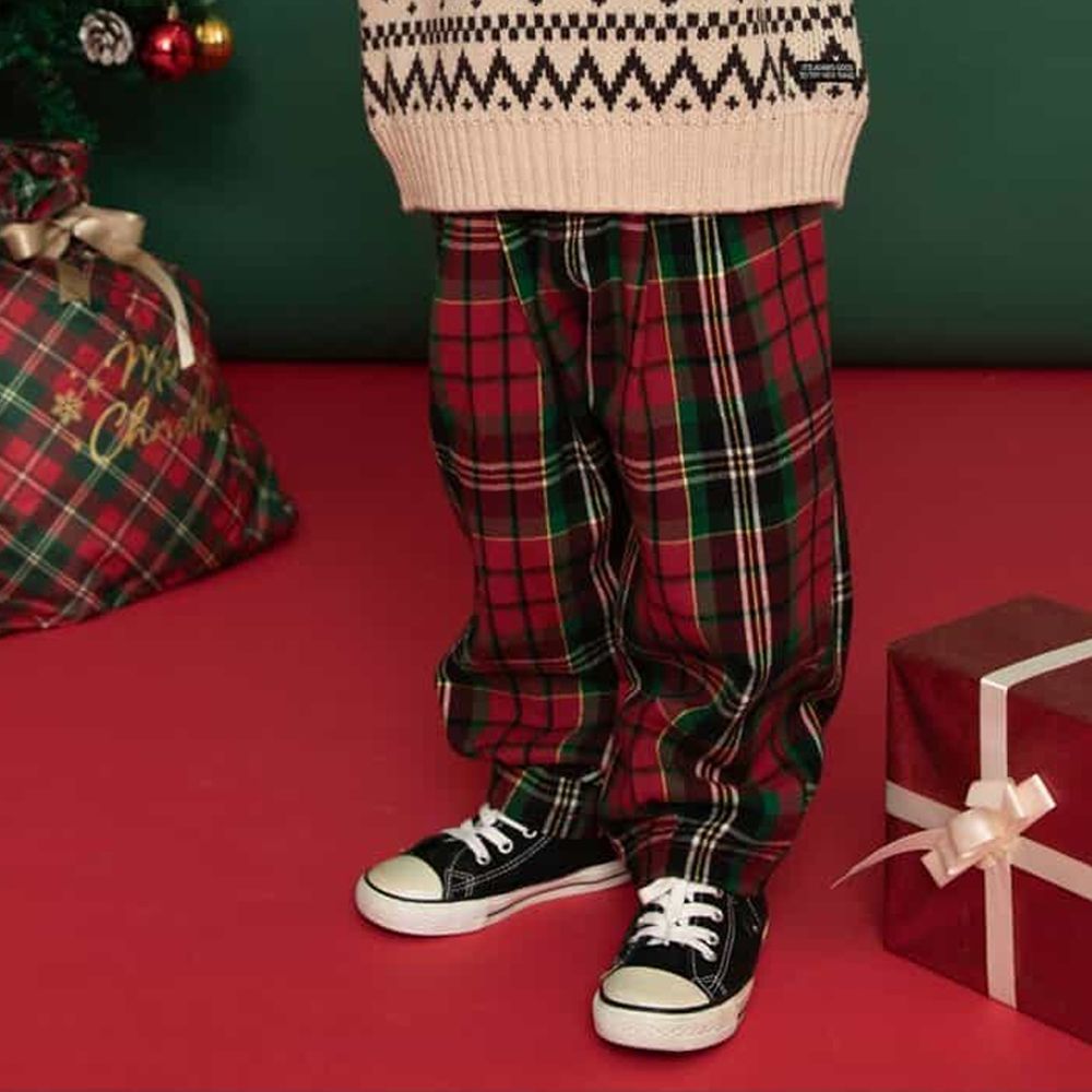 [聖誕限定]純棉夢幻格紋寬版長褲-經典紅