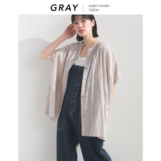 日本 OMNES - 100%棉 透膚感緹花短袖寬版襯衫-白