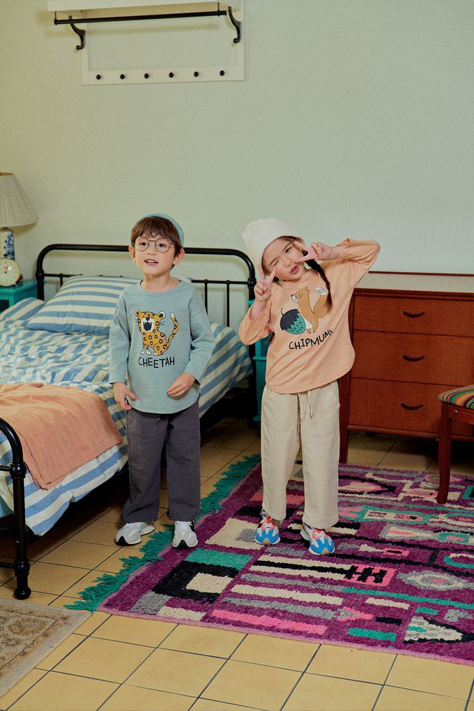 韓國 First Blue - 動物印花長袖上衣-松鼠-淺橘杏