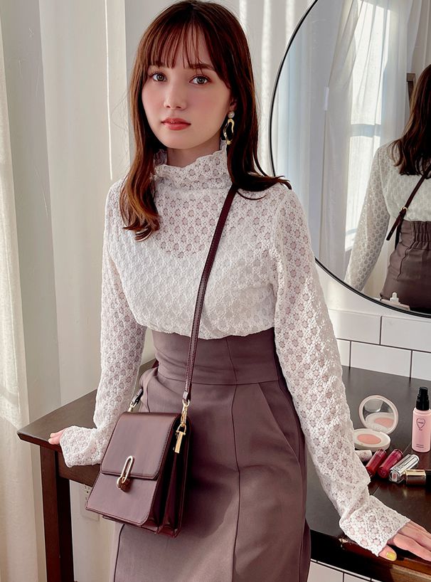 日本 GRL - 優雅花蕾絲長袖上衣/內搭-天使白