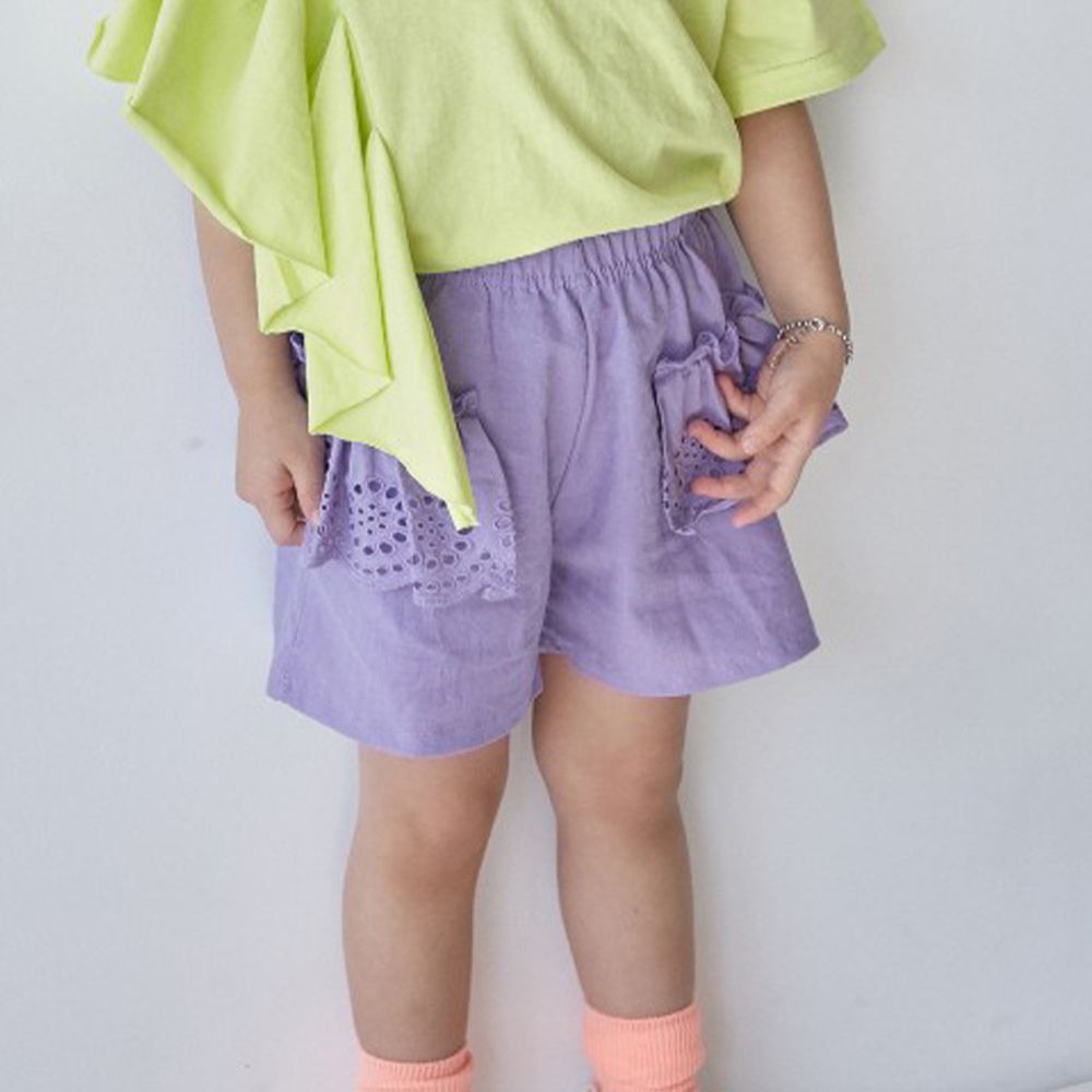 韓國 kikimora - 鏤空蕾絲荷葉裝飾短褲-紫