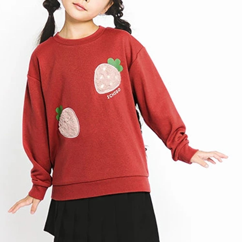 立體刺繡貼布長袖上衣-草莓-紅