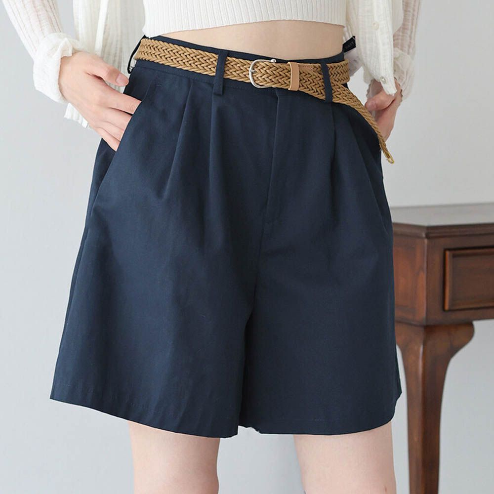 海軍風打褶休閒短褲(附腰帶)-海軍藍