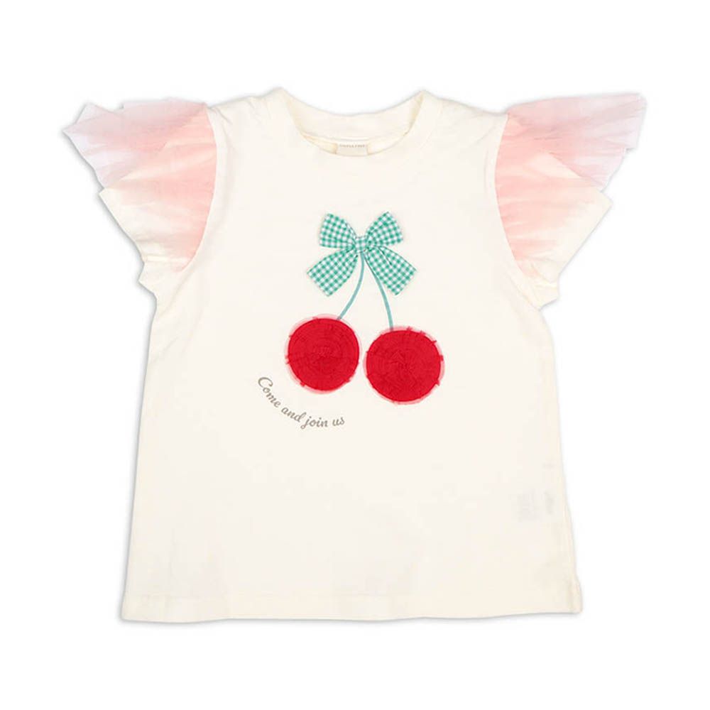 兒童短袖上衣-薄紗袖立體造型-米白色