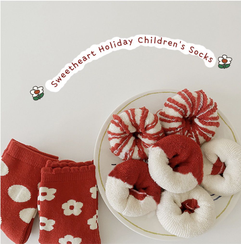 love, charlotte - 冬季紅色系可愛女孩毛圈內裡厚棉襪 ( 5雙一組）