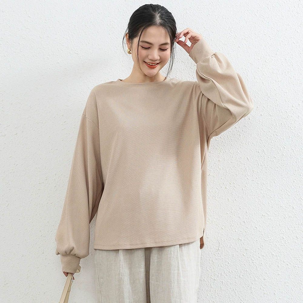 華夫格百搭澎澎長袖上衣-卡其色 (F)