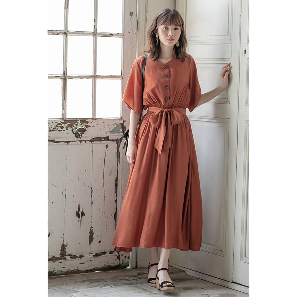 日本 GRL - 浪漫垂墜風排釦綁帶短袖洋裝-磚橘