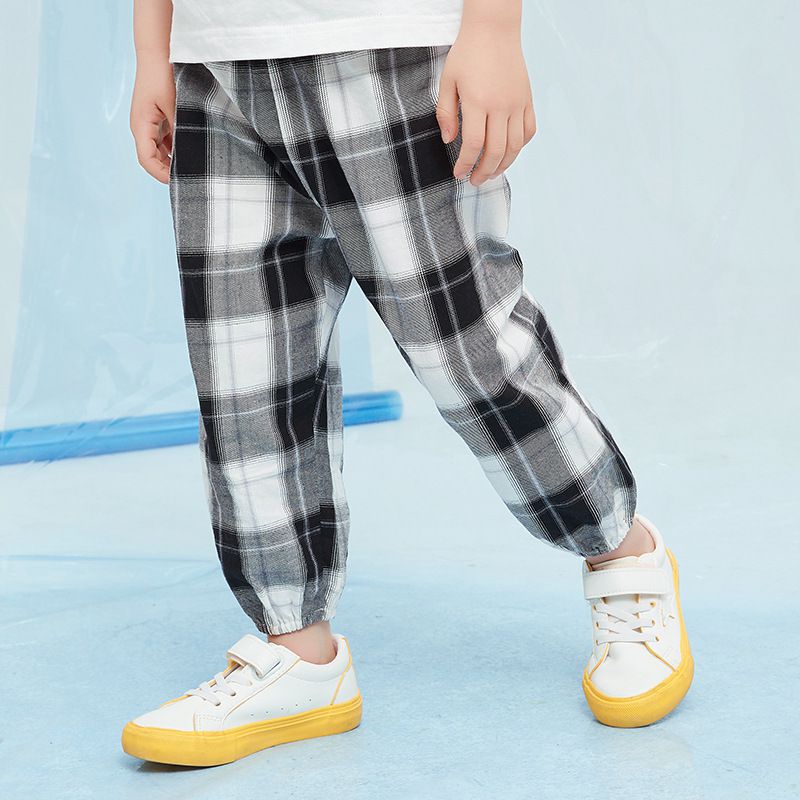 純棉束口長褲/防蚊褲-格紋款-黑+白