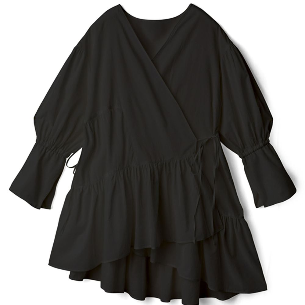 日本 GRL - 不規則剪裁荷葉邊七分袖洋裝-黑