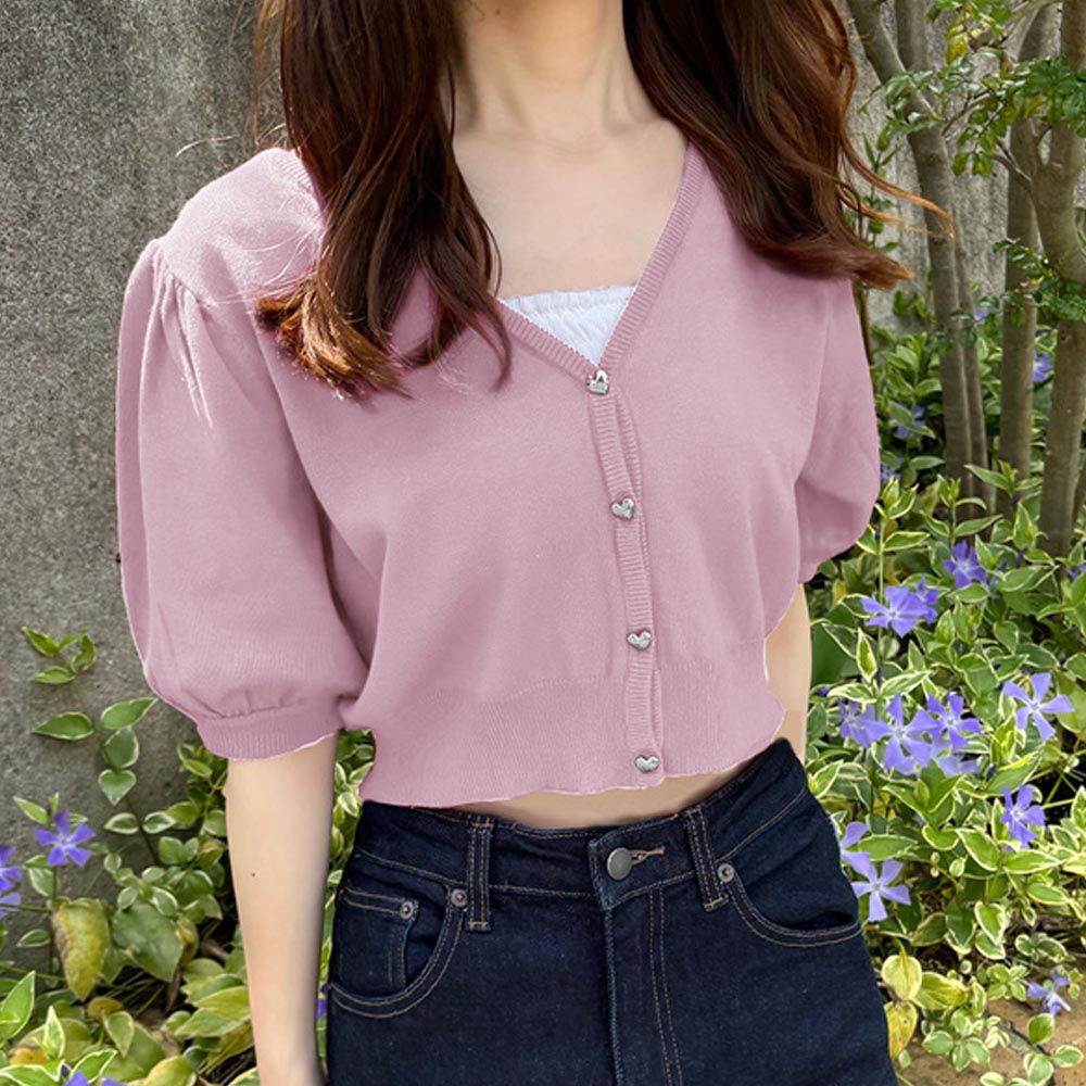 日本 GRL - 愛心鈕扣針織五分袖開襟衫-粉紅 (F)
