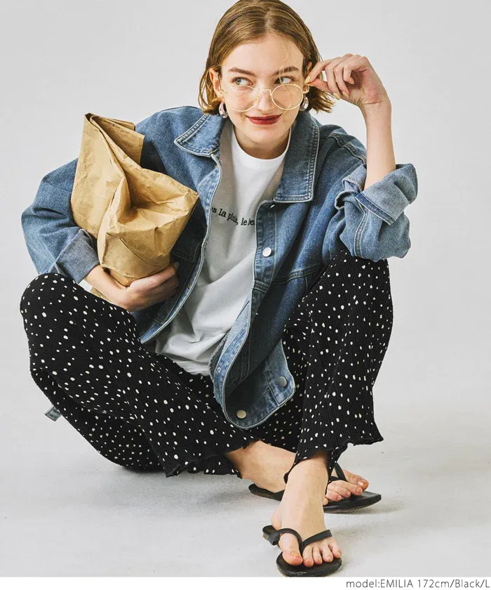 日本 COCA - 皺縮垂墜感休閒寬褲-大人-點點杏