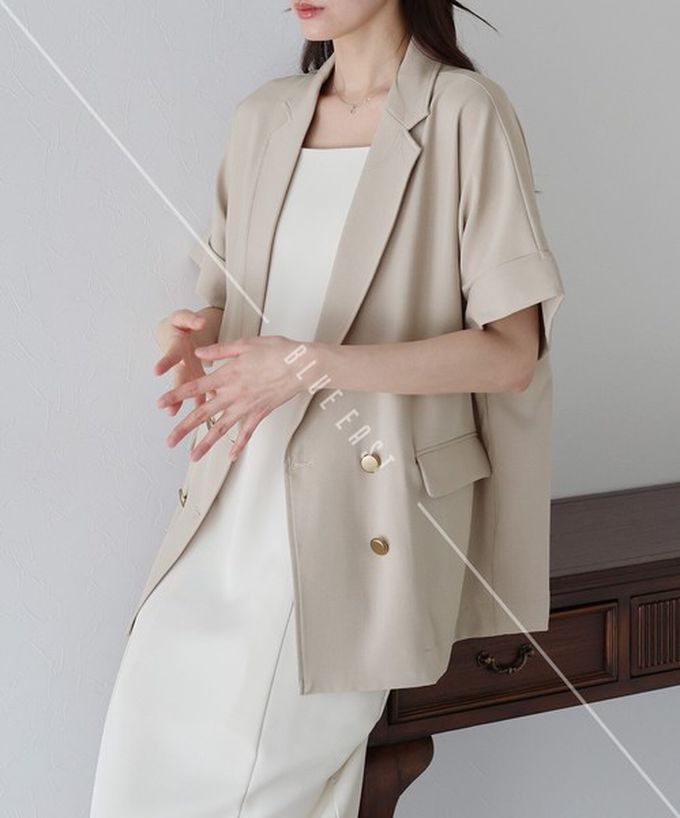 日本 BLUE EAST - 亞麻感氣質金釦短袖西裝外套-咖啡