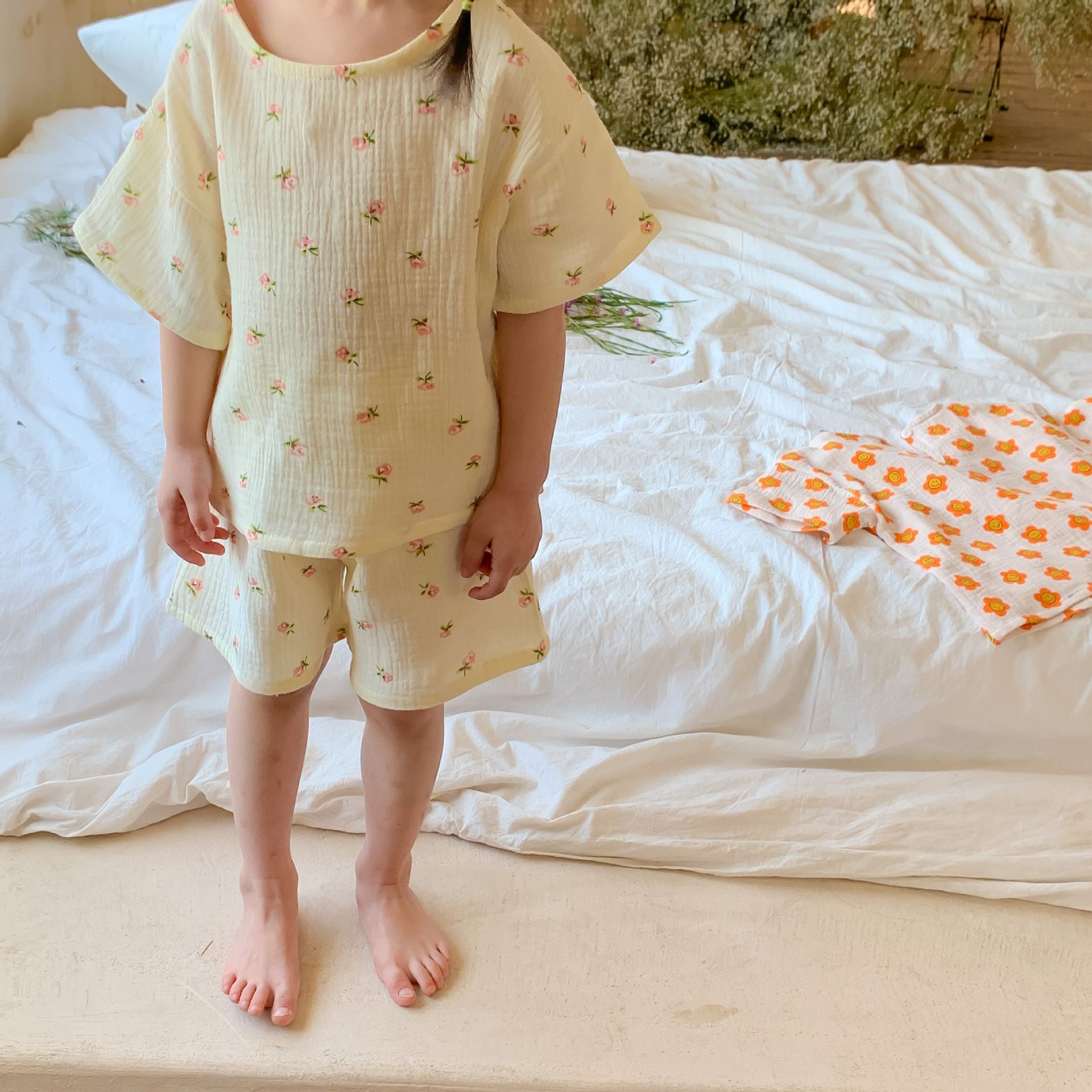 紗布棉短袖家居服套裝-小碎花-奶油色