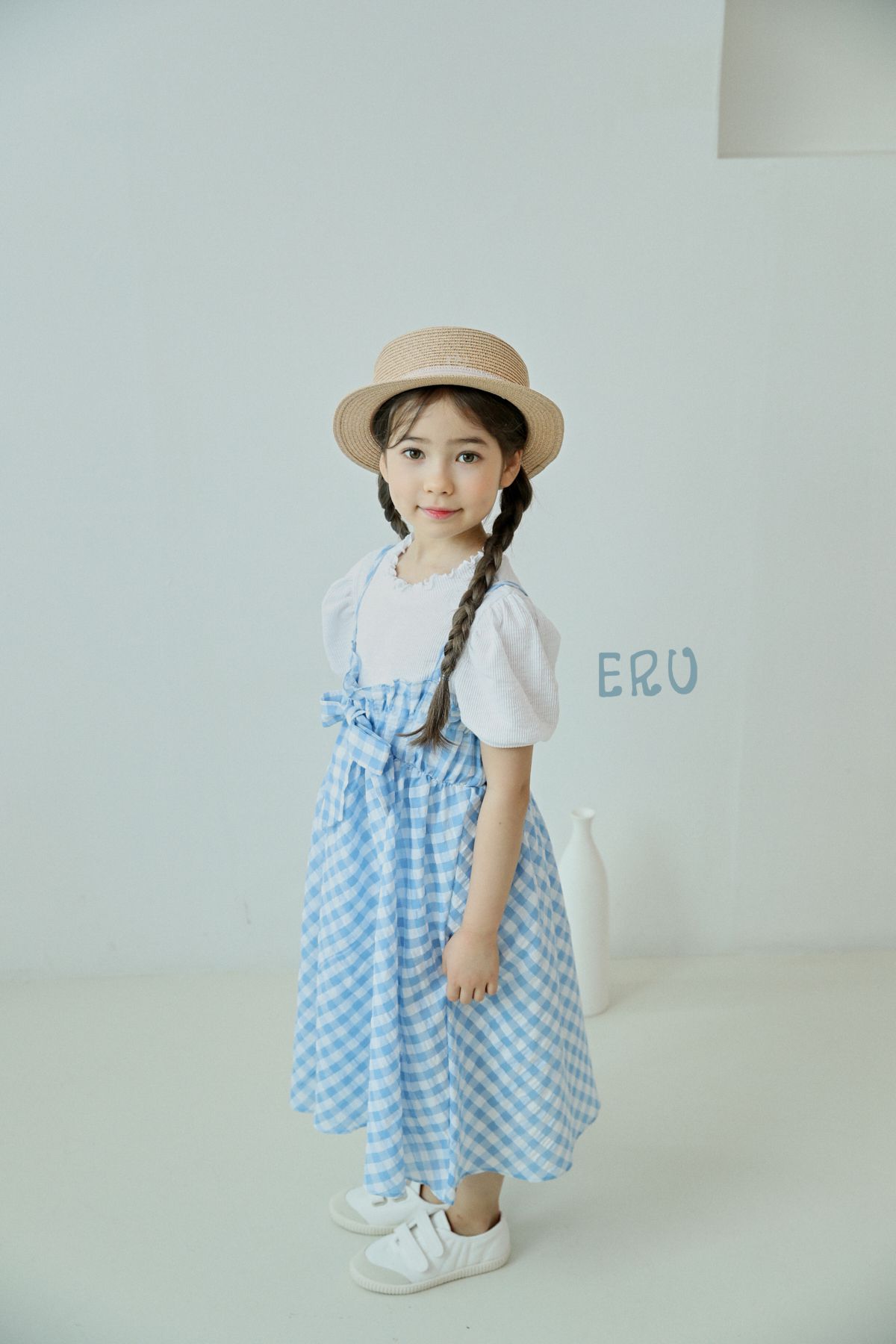 韓國 ERU - 胸前蝴蝶結格子吊帶裙-藍