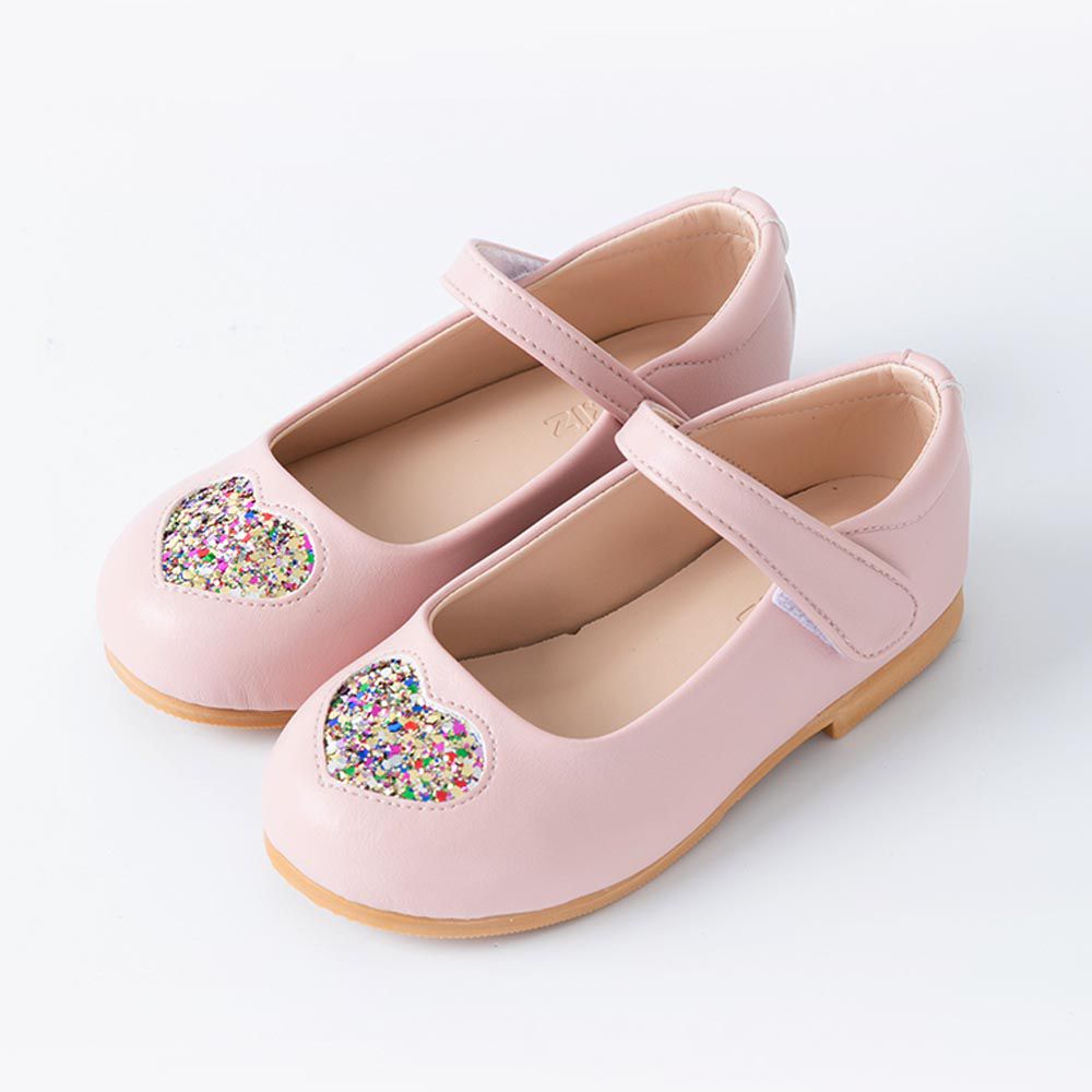 韓國 OZKIZ - 繽紛亮片愛心點綴皮鞋-淡粉紅