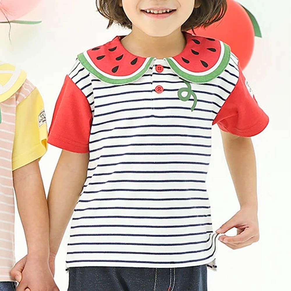 水果造型領天竺棉短袖上衣-西瓜條紋-黑x白