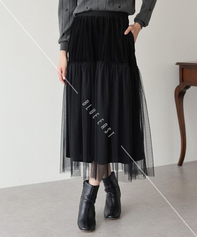 日本 BLUE EAST - 薄紗絲絨拼接飄逸長裙-(可選長度)-深藍