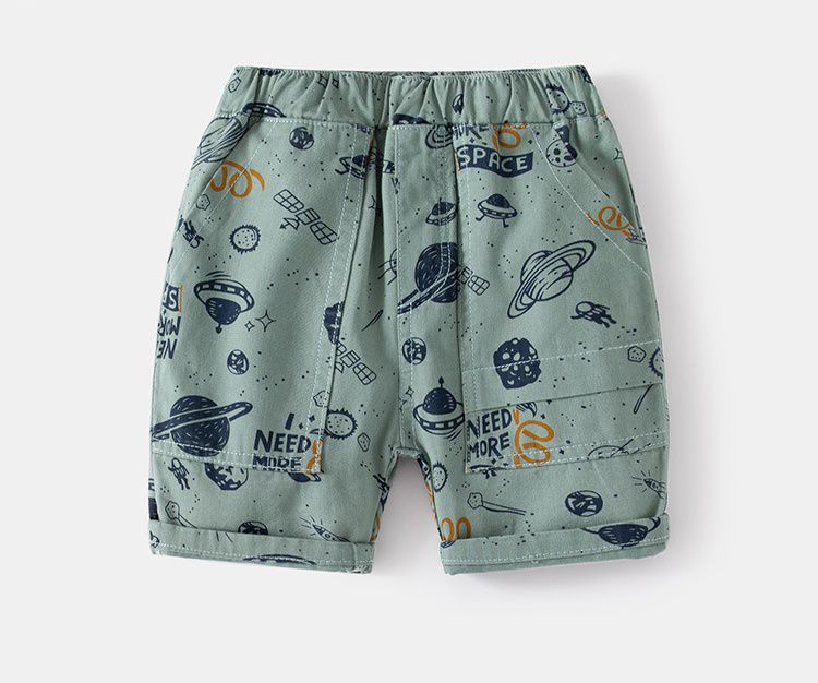 WELLKIDS - 腰鬆緊休閒五分褲-太空星球-卡其黃