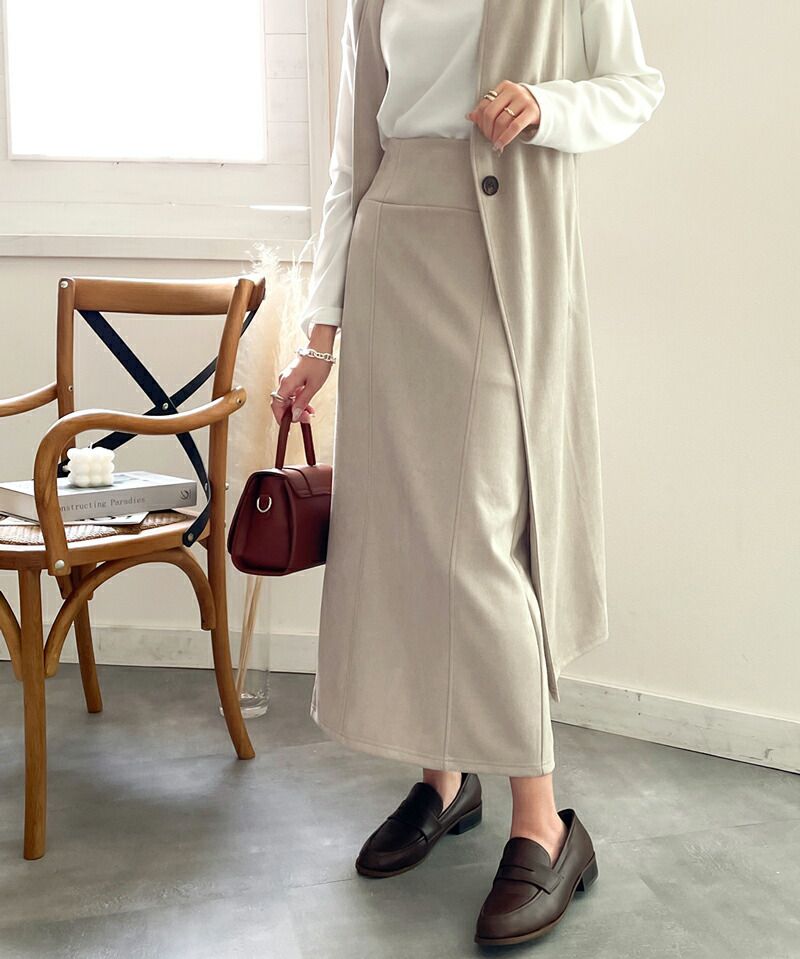 日本 Classical Elf - 麂皮質感後鬆緊修身長裙-咖啡