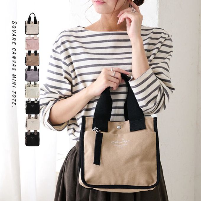 日本 LIZDAYS - 清爽帆布迷你手提托特包-米x斑點 (22x23cm)