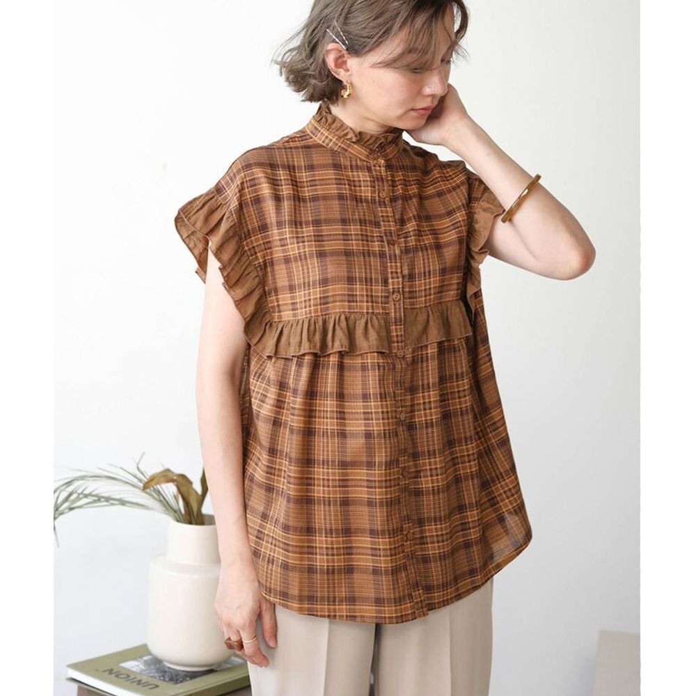 日本 Bou Jeloud - 設計感荷葉層次格紋短袖襯衫-深咖啡