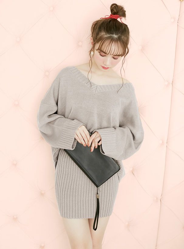 日本 GRL - V領寬鬆針織毛衣X羅紋針織短裙兩件組套裝-粉