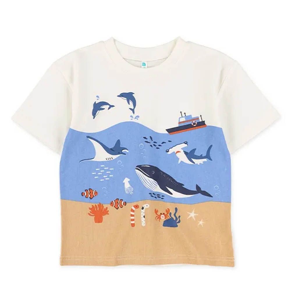 純棉動物世界印花短袖上衣-海洋-藍