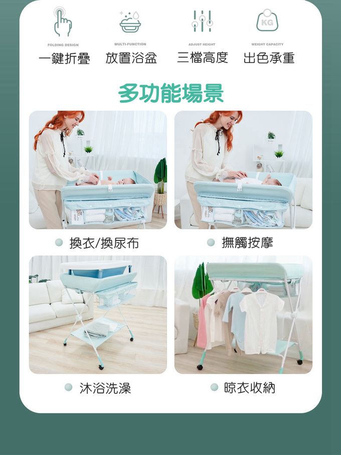 HANNIKD - 折疊升降 護理沐浴二合一尿布台(含折疊浴盆)-湖綠色