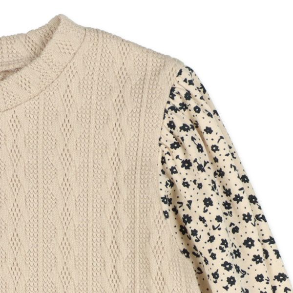 日本西松屋 - 異材質拼接假兩件長袖上衣-小碎花-卡其