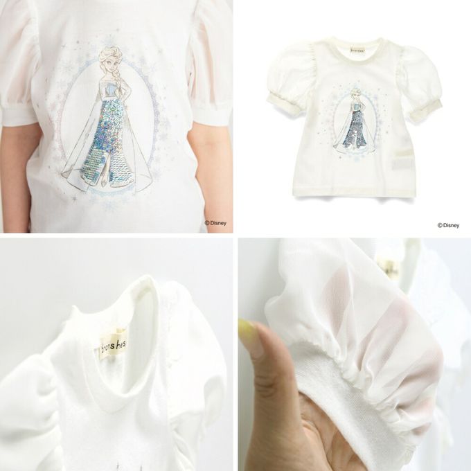 日本 BRANSHES - 迪士尼限定 亮片雪紡澎澎短袖上衣-卡通人物艾莎-白