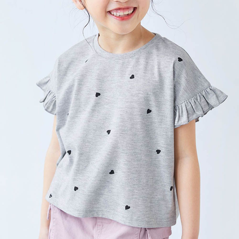 愛心印花荷葉邊短袖上衣-灰